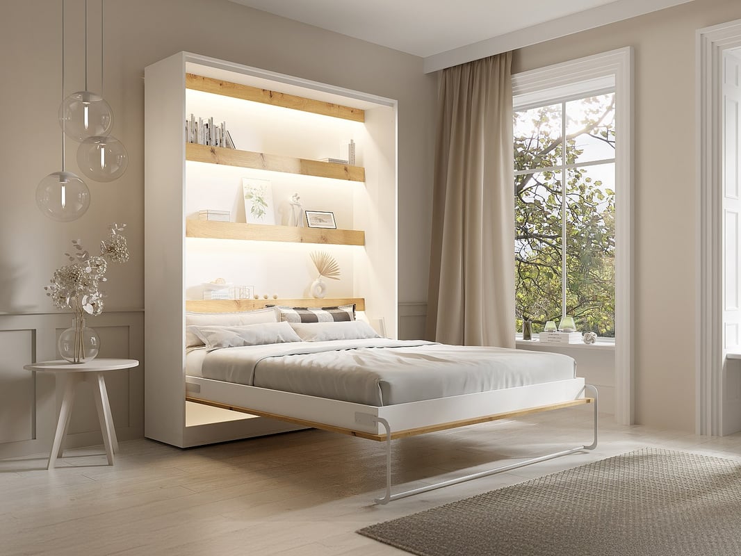Łóżko chowane w szafie 160 × 200 cm – Otwieranie pionowe manualne – Oświetlenie LED – Białe i naturalne + Materac – RAPILI