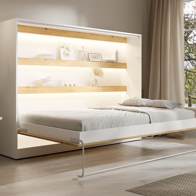 Łóżko chowane w szafie 140 × 200 cm – Otwieranie poziome manualne – Oświetlenie LED – Białe i naturalne + Materac – RAPILI