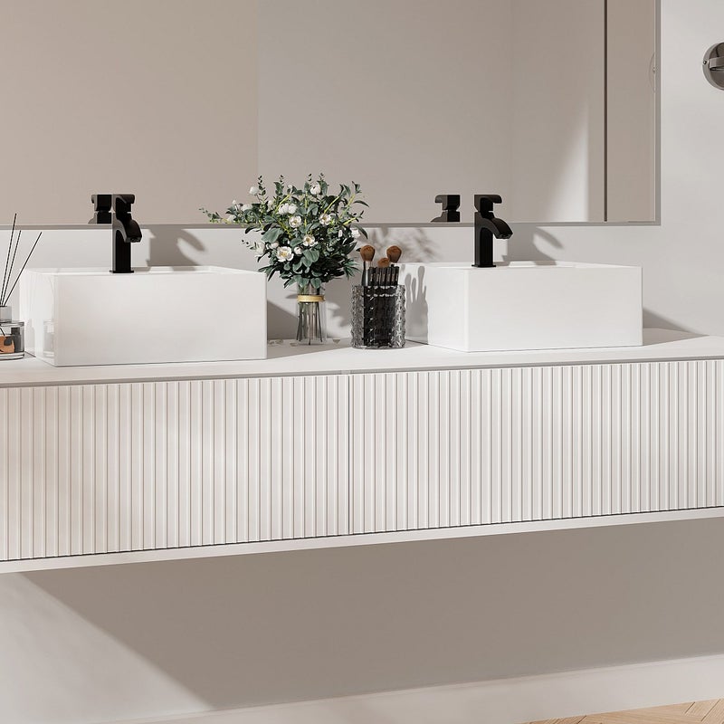 Szafka łazienkowa wisząca w paski z podwójną umywalką – biała – 150 cm – ARNEGA