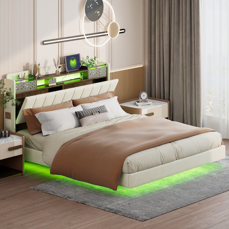Łóżko tapicerowane 160 x 200 cm z zagłówkiem ze schowkiem - Oświetlenie LED i gniazdo USB - Tkanina lniana - Beż