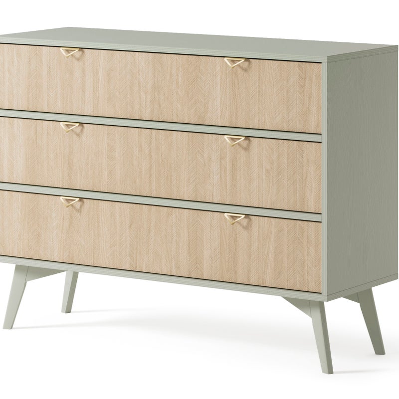 Komoda: 3 szuflady, wzór eukaliptus/scandi chevron, nogi drewniane, 106 x 80 x 38 cm