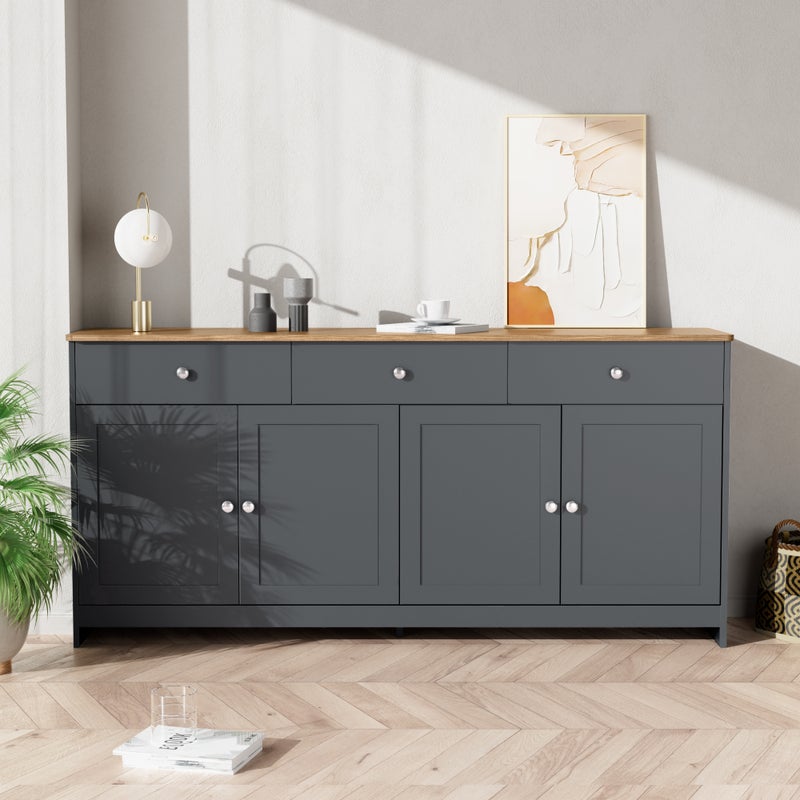 Niska komoda z 4 drzwiami i 3 szufladami do salonu - 160 cm dł. x 37 szer. x 75 wys. - drewno MDF - drewno i czarny szary