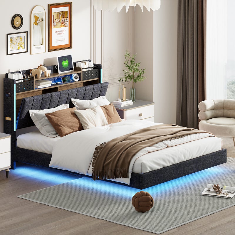 Łóżko tapicerowane 140 x 200 cm z zagłówkiem ze schowkiem - Oświetlenie LED i gniazdo USB - Tkanina lniana - Szary