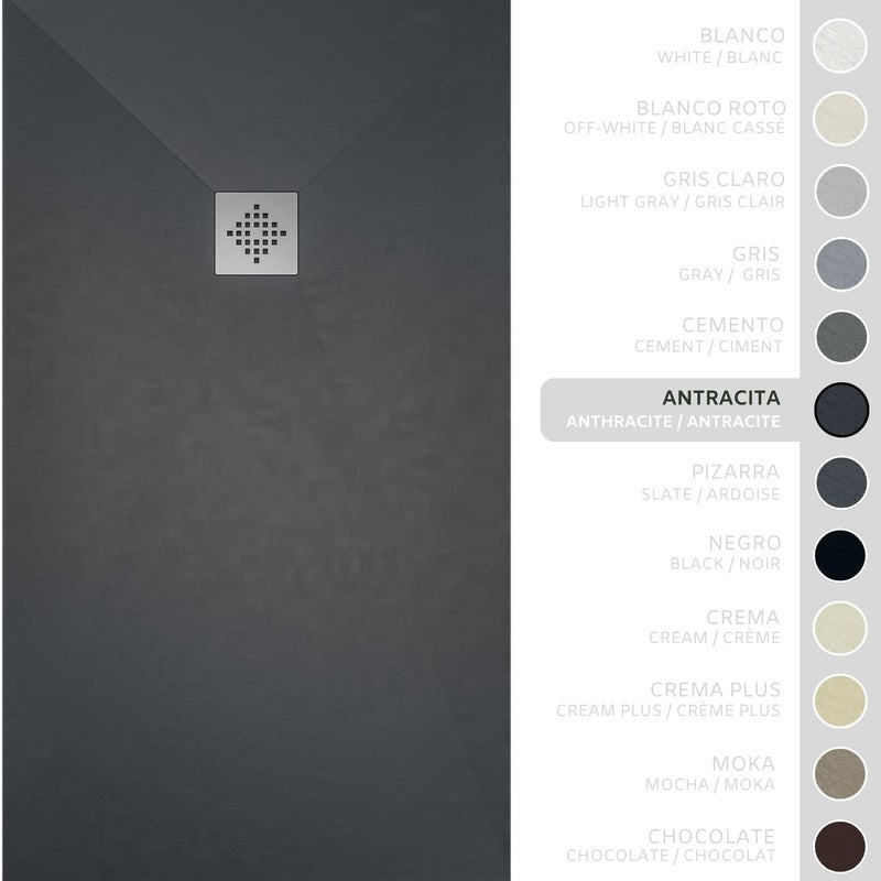 SOULHOME Brodzik prysznicowy– Żywica– Gel Coat– Gładka/Kamienna tekstura – Antypoślizgowy – Kolor antracytowy – 80x80- Niski 3 cm– Standard