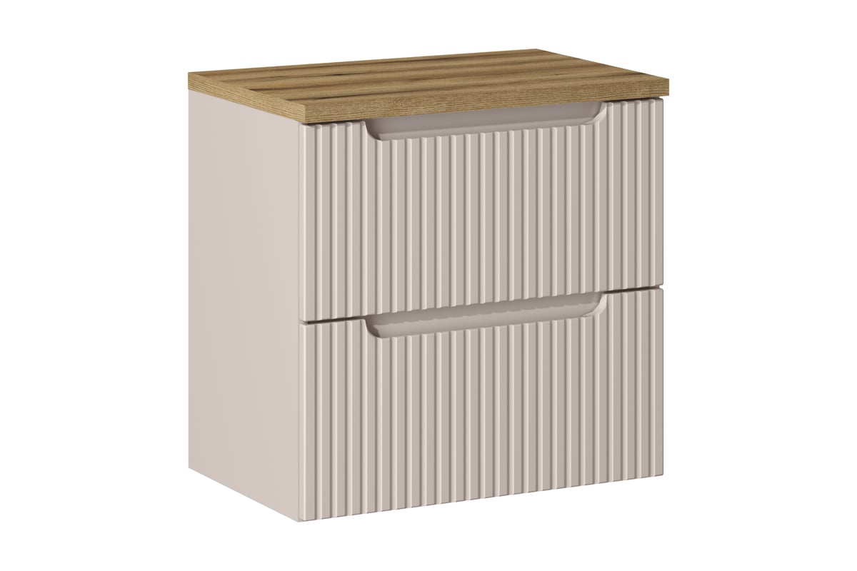 Szafka łazienkowa NOVA 60 cm kaszmir z blatem dąb coast evoke wisząca ryflowane fronty 2 szuflady