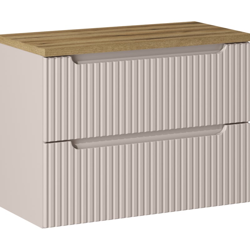 Szafka łazienkowa NOVA 80 cm kaszmir z blatem dąb coast evoke wisząca ryflowane fronty 2 szuflady