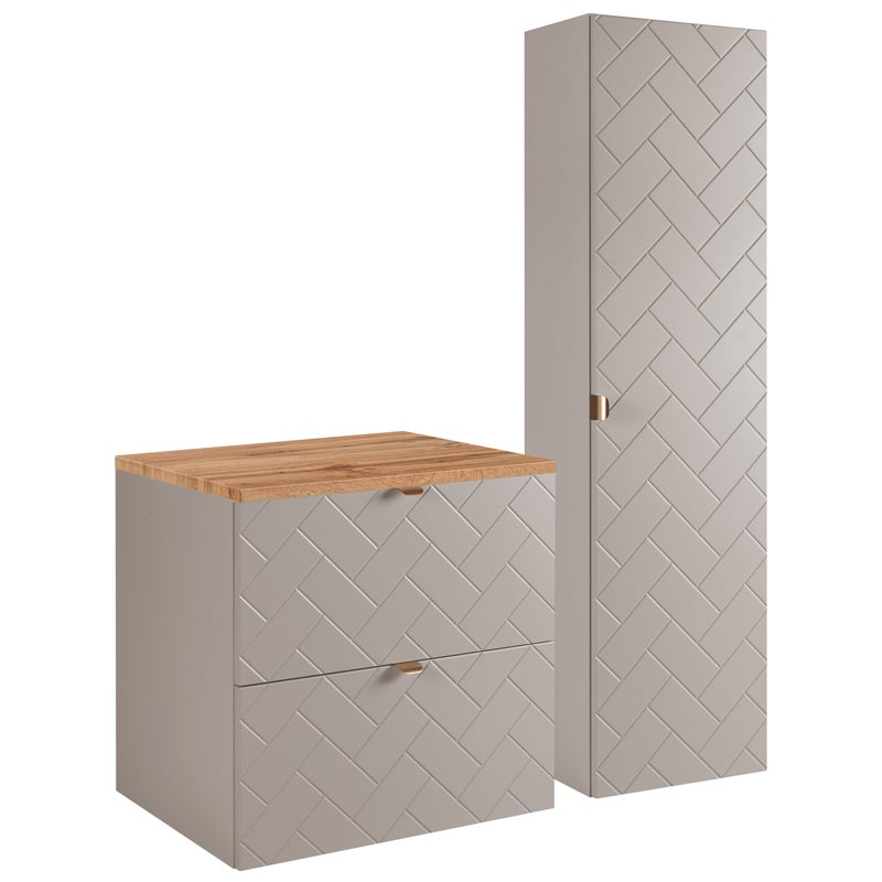 Kaszmirowy zestaw mebli łazienkowych MADIS szafka 60 cm z blatem dąb wotan + słupek ryflowany