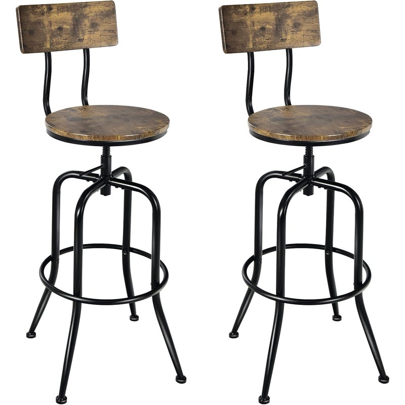 Zestaw 2 Stołków Barowych, Wysokich Obrotowych Krzeseł Barowych w Stylu Industrialnym z Regulowanym Siedziskiem, Oparciem w Kształcie Łuku, Podnóżkiem
