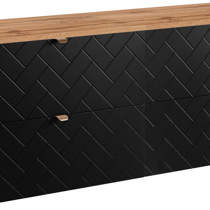 Czarna szafka pod umywalkę MADIS 160 cm z blatem dąb wotan wisząca frezowane szuflady