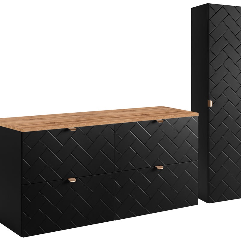 Czarny zestaw mebli łazienkowych MADIS 120 cm z blatem dąb wotan i słupkiem, ryflowane fronty