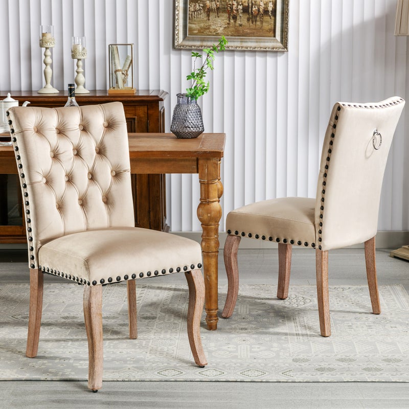 Zestaw 2 krzeseł do jadalni tapicerowanych welurem – nogi z litego orzecha włoskiego – zdobione guzikami – beżowe
