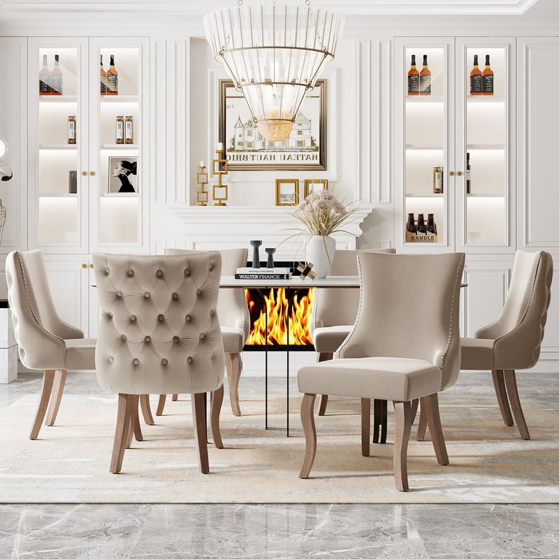 Zestaw 6 krzeseł do jadalni - Aksamit i lite drewno - Wysokie oparcie ze wzorem w romby - Beżowe