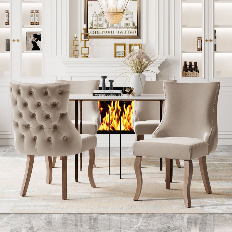 Zestaw 4 krzeseł do jadalni - Aksamit i lite drewno - Wysokie oparcie ze wzorem w romby - Beżowe