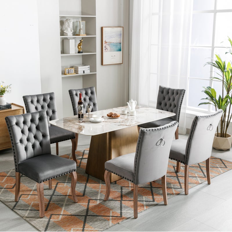 Zestaw 6 krzeseł do jadalni tapicerowanych welurem – nogi z litego orzecha włoskiego – guziki dekoracyjne – szare