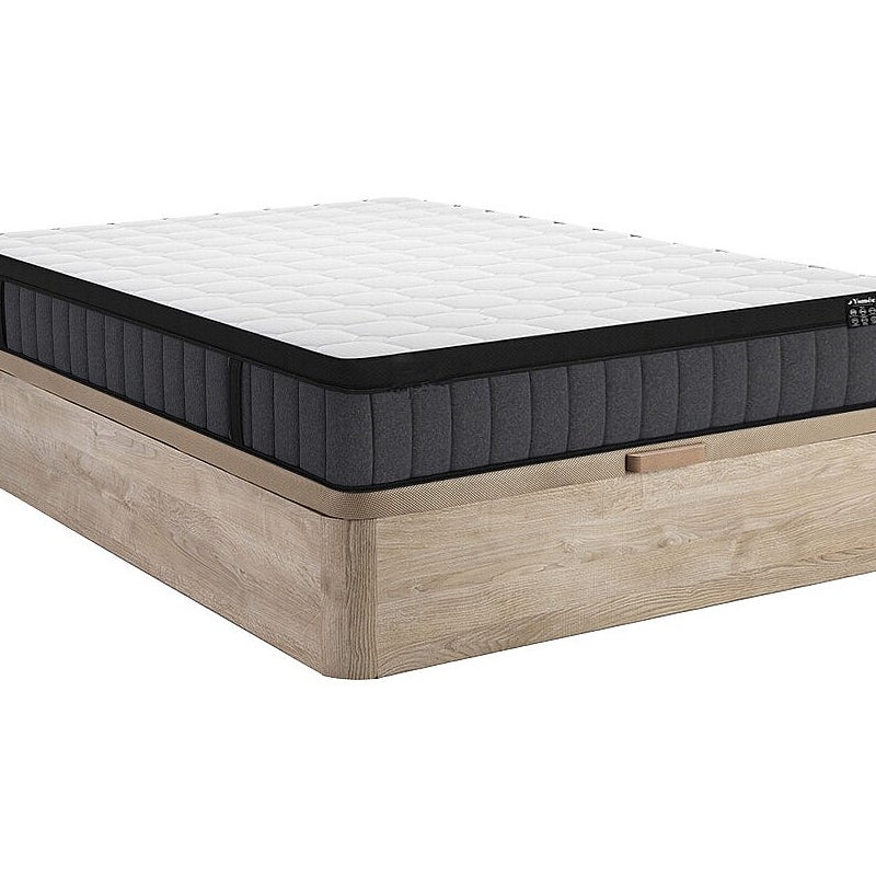 Zestaw 140 x 190 cm stelaż z jasną naturalną skrzynią + materac hybrydowy o grub. 25 cm z 7-strefowymi sprężynami kieszeniowymi i żelową poduszką z