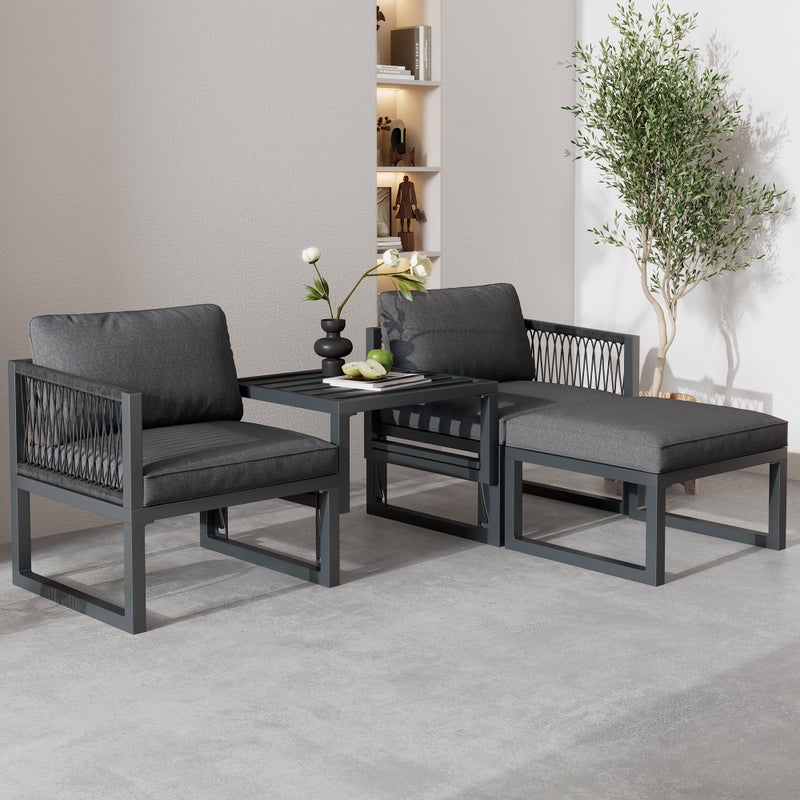 Zestaw mebli ogrodowych aluminiowych modułowych: 2 sofy + 2 podnóżki + 5 poduszek w komplecie - szary
