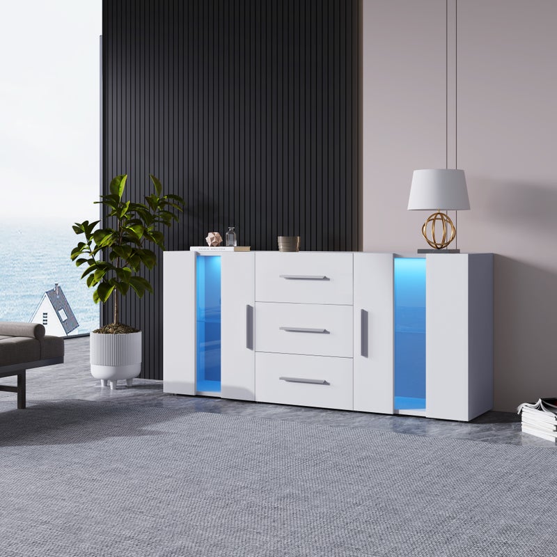 Komoda z 2 drzwiami i 3 szufladami - LED - drewno MDF - do salonu, jadalni - biała