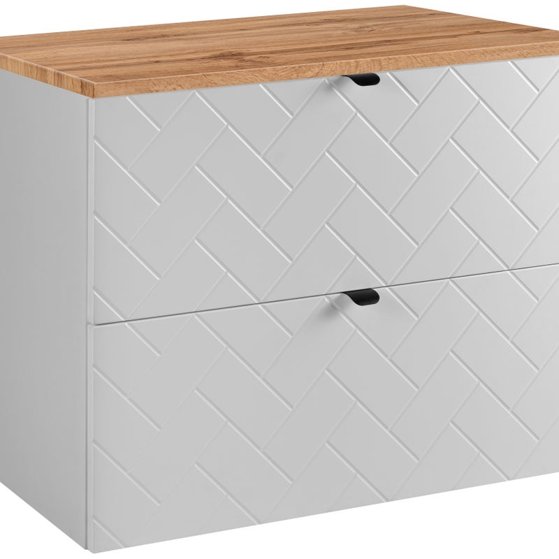 Szafka łazienkowa MADIS 80 cm biały z blatem dąb wotan wisząca frezowane szuflady