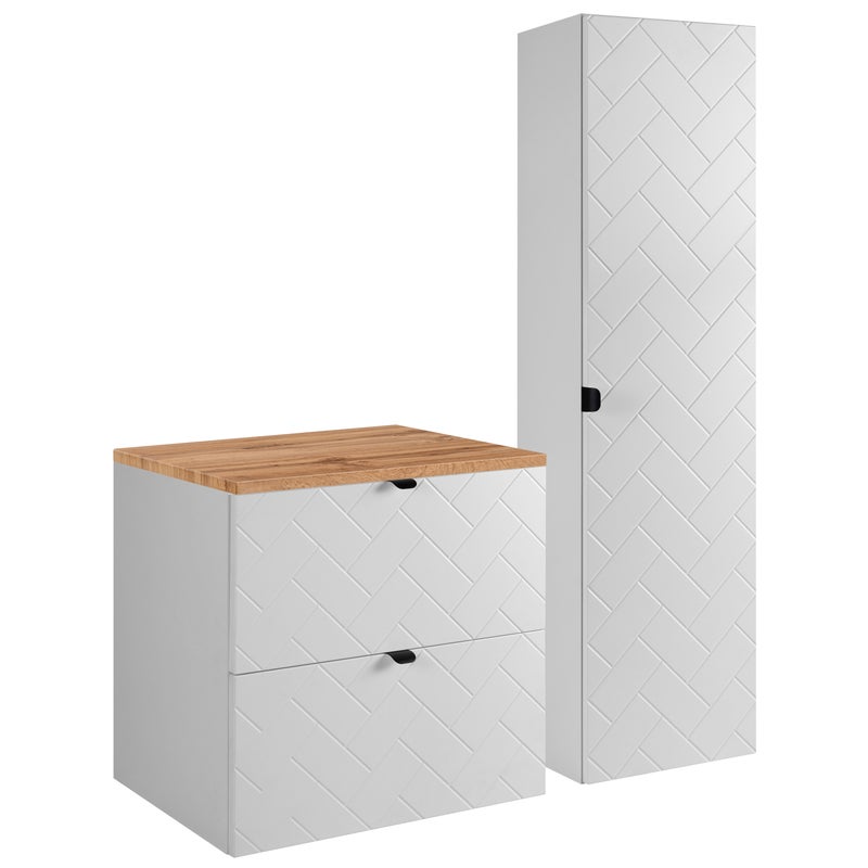 Biały zestaw mebli łazienkowych MADIS szafka 60 cm z blatem dąb wotan i słupkiem ryflowanym