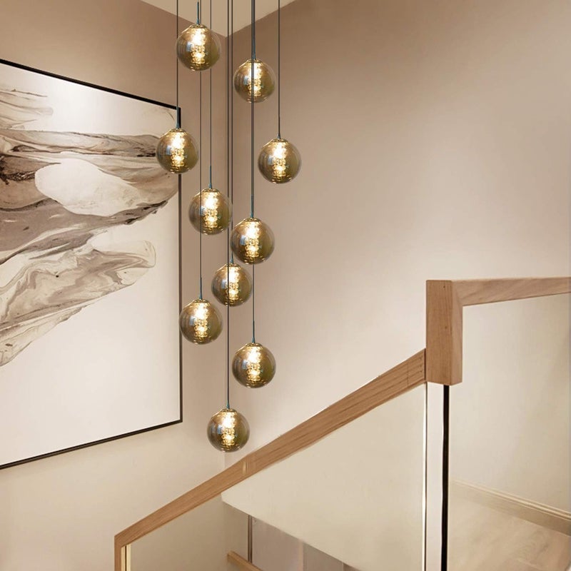 NETTLIFE Szara szklana lampa wisząca, średnica 41 cm, G9, 10 kolorowych żarówek, do salonu, sypialni, jadalni, przedpokoju