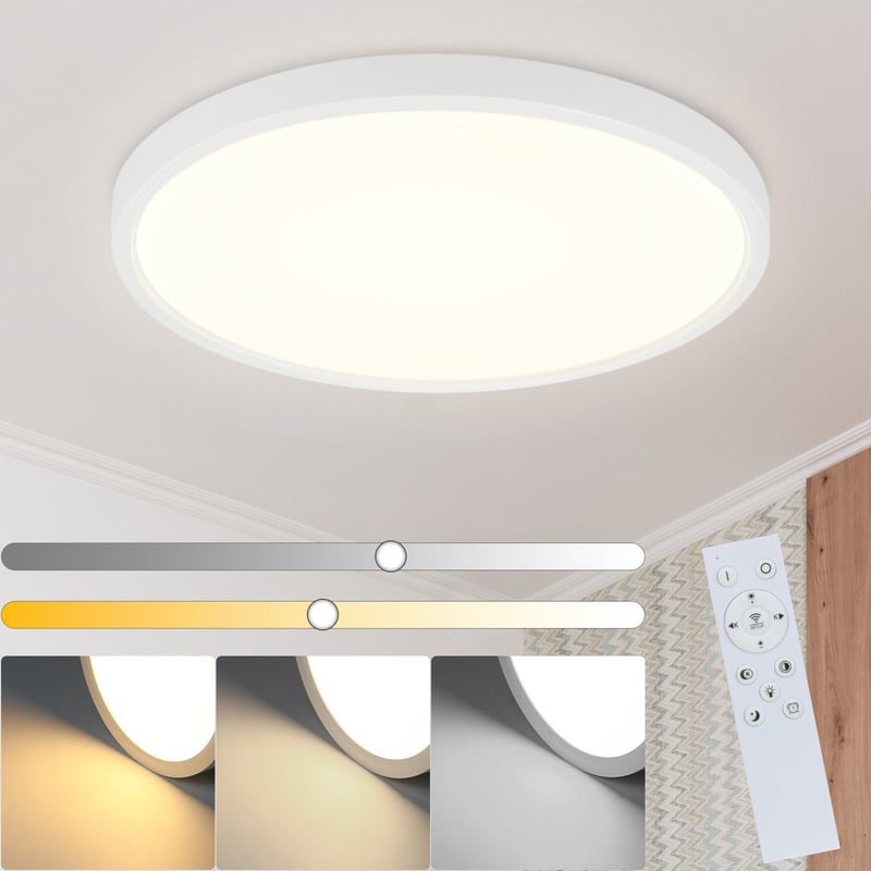 NETTLIFE Regulowana lampa sufitowa LED, płaska okrągła 30x30cm, IP44, wodoodporna 20W, pilot zdalnego sterowania, salon, sypialnia, łazienka