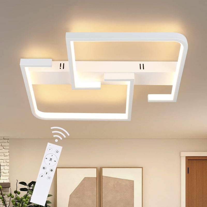 NETTLIFE Lampa sufitowa LED, biały metal, 35 W, nowoczesna lampa do salonu, ściemniana za pomocą pilota, kwadratowa lampa do sypialni