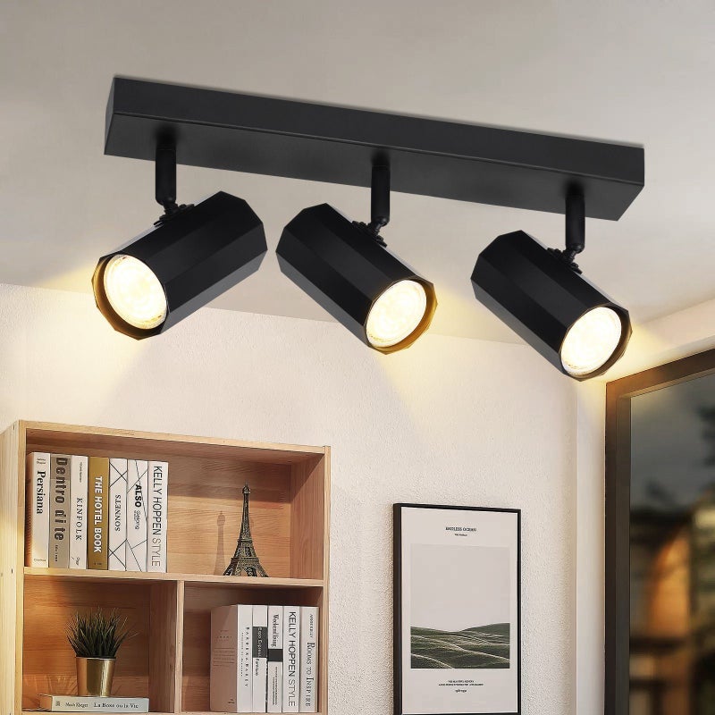 NETTLIFE 3-punktowa metalowa lampa sufitowa MAX. Żarówki GU10 25 W, 350° Regulowana Czarna Lampa Retro Vintage Do Salonu Do Kuchni,