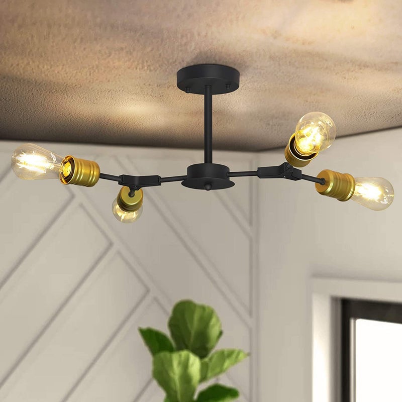 NETTLIFE Lampa sufitowa w stylu vintage, czarna, retro, E27, 4 żarówki, lampa industrialna, rustykalny metalowy design, lampa do sypialni, maks. 25 W