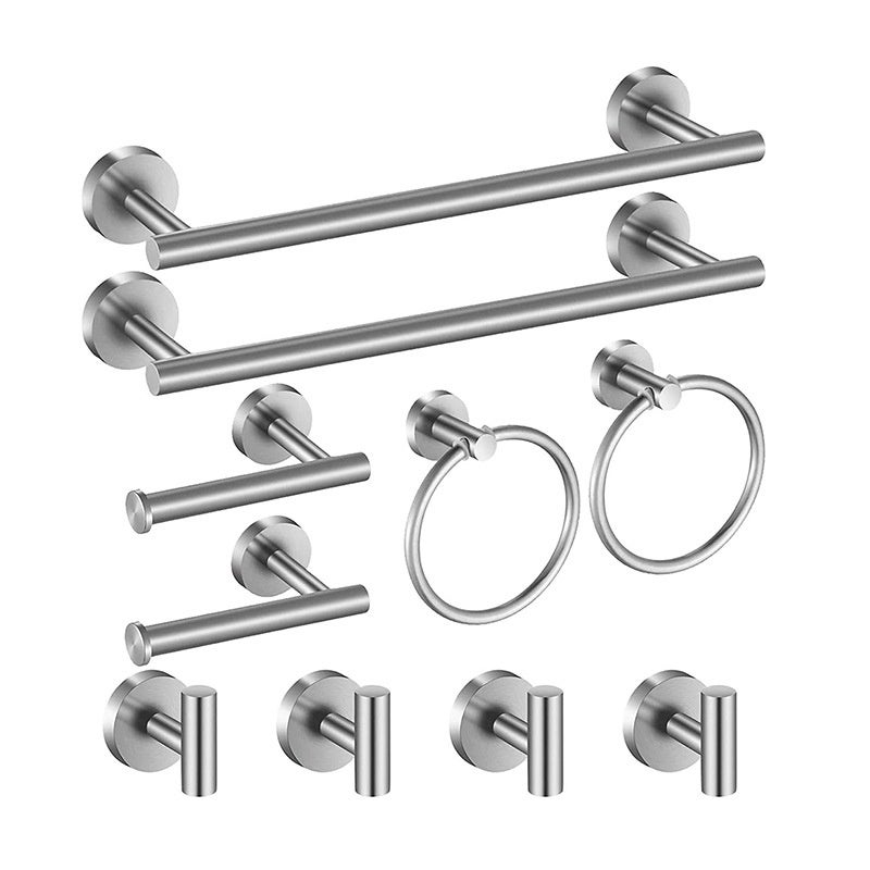 Zestaw 10 wieszaków na ręczniki ze stali nierdzewnej, do montażu na ścianie, z haczykami i uchwytem na papier – srebrny, odporny na rdzę