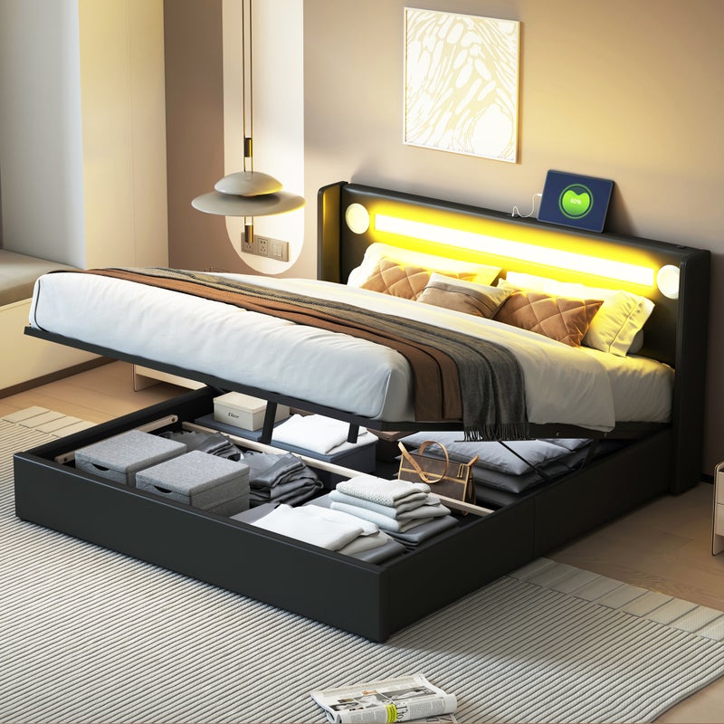 Łóżko z pojemnikiem 160 x 200 cm i zagłówkiem - diody LED, odtwarzacz Bluetooth i port USB - skóra ekologiczna - kolor czarny
