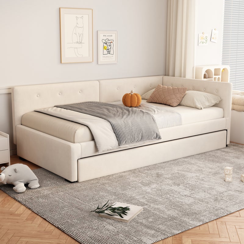 Łóżko wysuwane 90 x 200 cm + 90 x 190 cm z zagłówkiem - aksamitne - beżowe