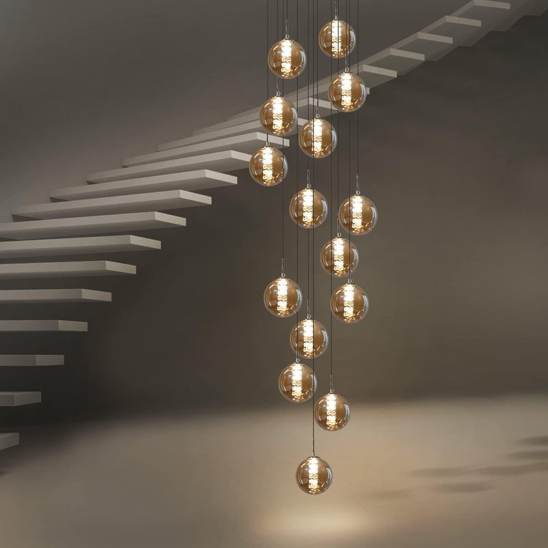 NETTLIFE Nowoczesny Żyrandol Bursztynowy 15 Szklanych Kul, Lampa Wisząca Loft, Regulowana 3.2m, Płyta Ø41cm, do Salonu