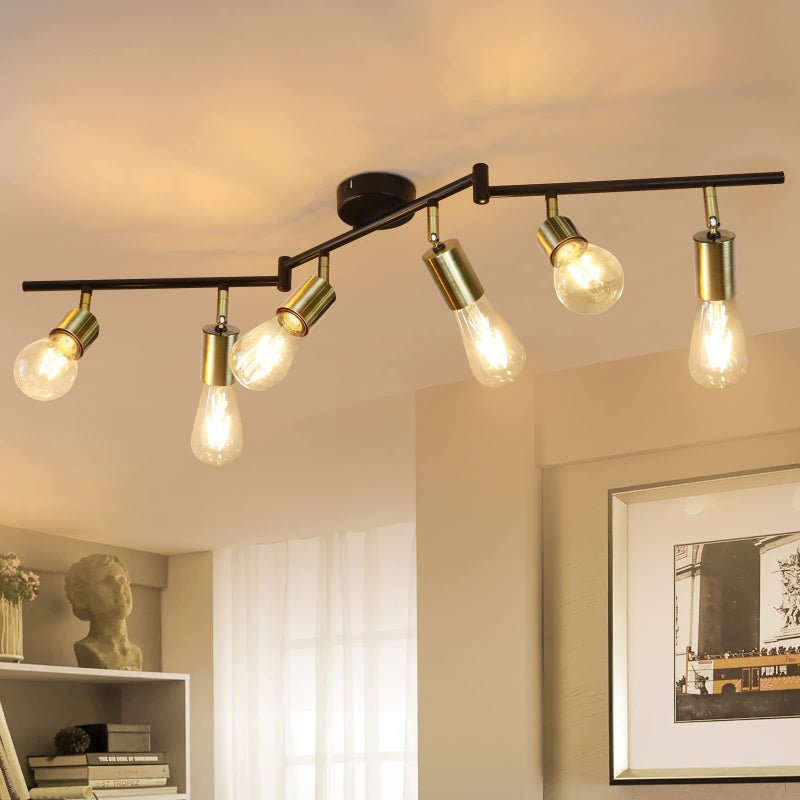 Nettlife Reflektorowa sufitowy 6-punktowy E27, obrotowy, metalowy, złoty, retro vintage, Max.25W, Lampa do sypialni