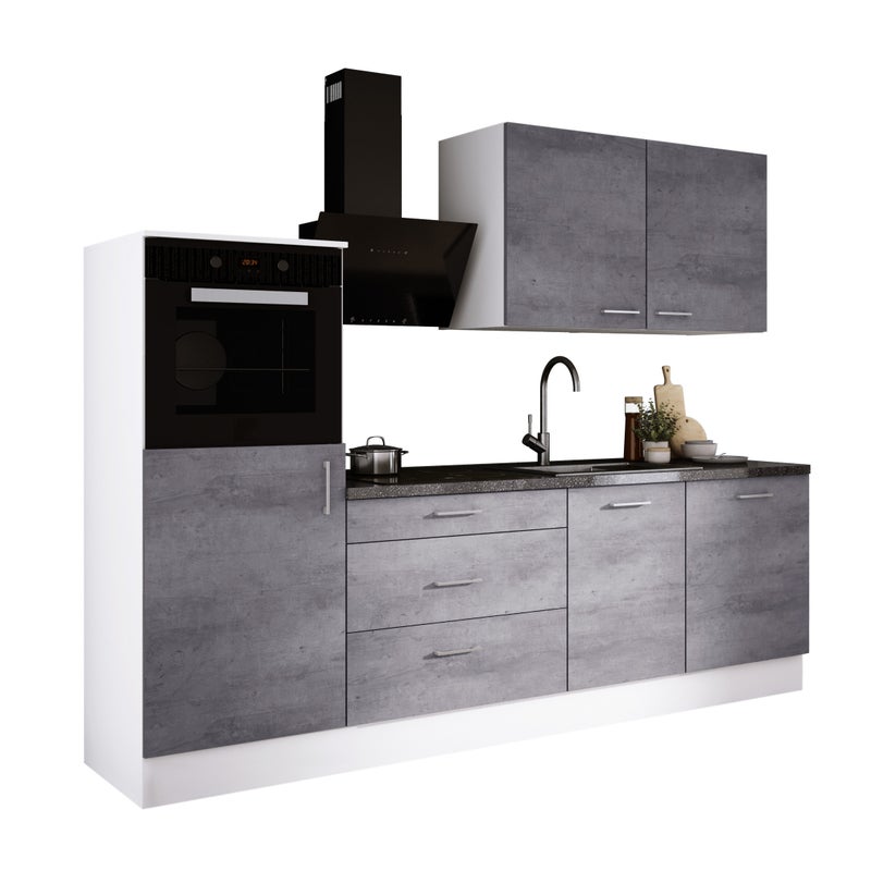 Zestaw mebli kuchennych: Matowa biel / beton, 250 x 220 x 60 cm