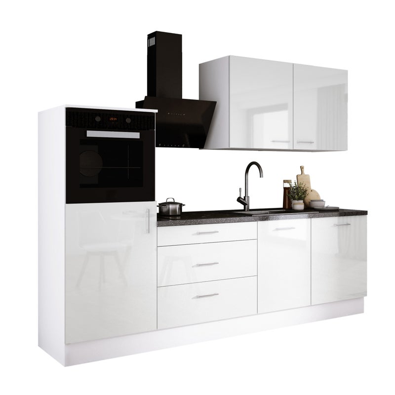 Zestaw mebli kuchennych: Matowa biel / biały połysk, 250 x 220 x 60 cm