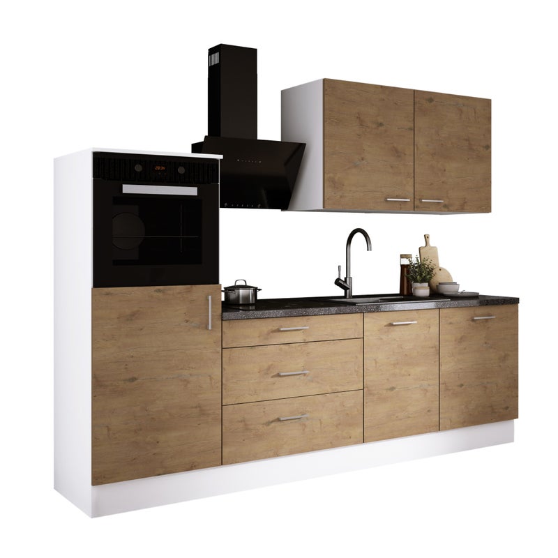 Zestaw mebli kuchennych: Matowa biel / Dąb Lancelot, 250 x 220 x 60 cm