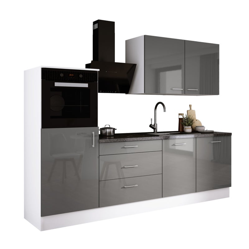 Zestaw mebli kuchennych: Matowa biel / Połysk szary, 250 x 220 x 60 cm