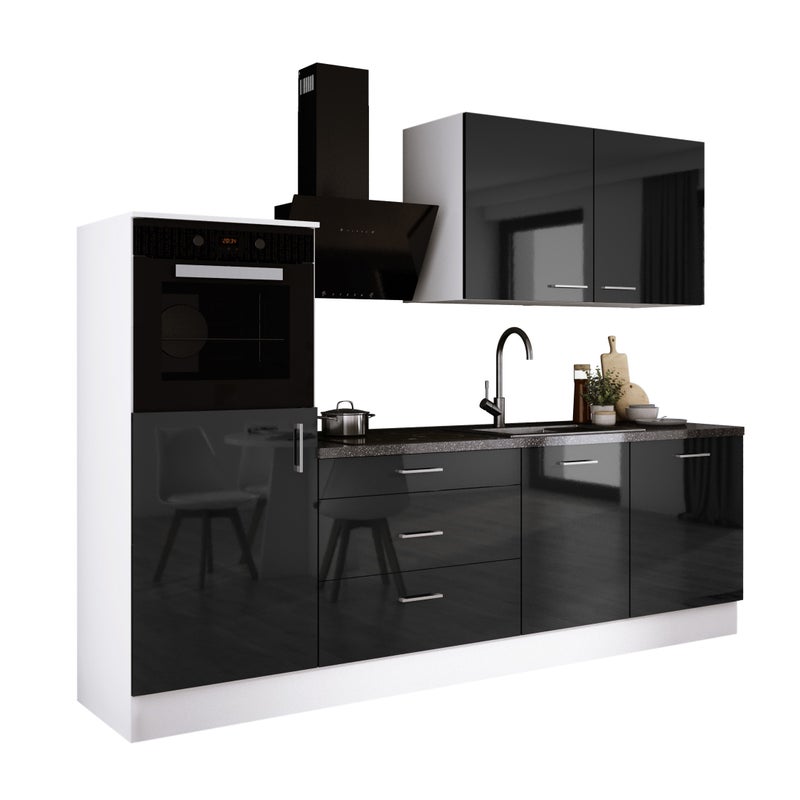 Zestaw mebli kuchennych: Matowa biel / czarny połysk, 250 x 220 x 60 cm