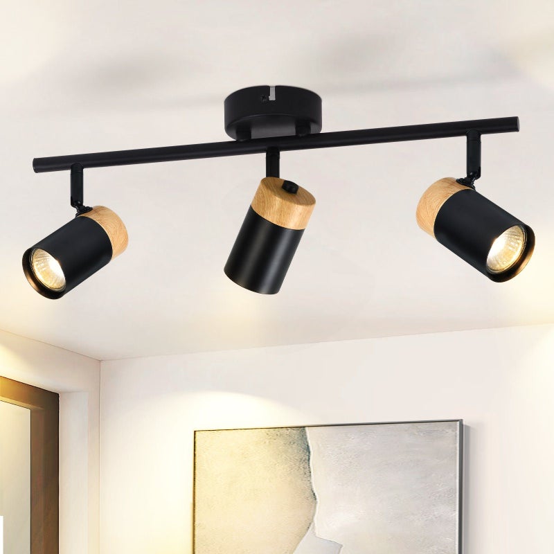 NETTLIFE Lampa sufitowa z 3 czarnymi drewnianymi Reflektorowakami GU10, regulowana w zakresie 330° do salonu, sypialni, kuchni, pokoju dziecięcego