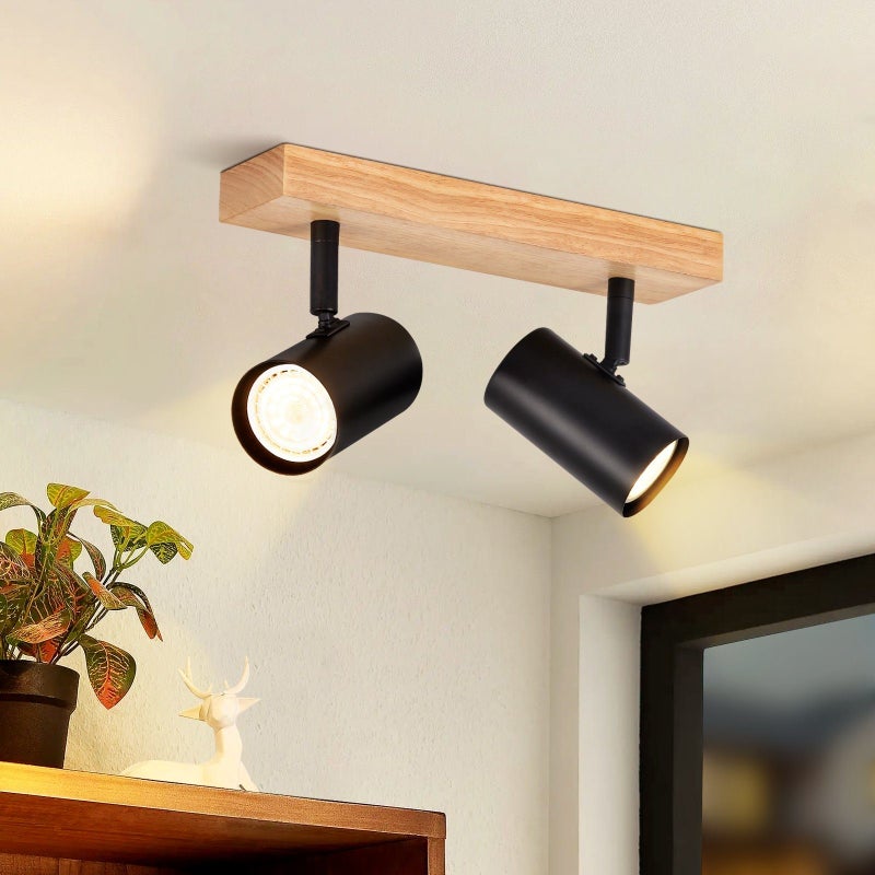 NETTLIFE 2 czarne drewniane Reflektoroway sufitowe GU10 regulowane 350° w stylu retro industrialnym do salonu, sypialni, kuchni