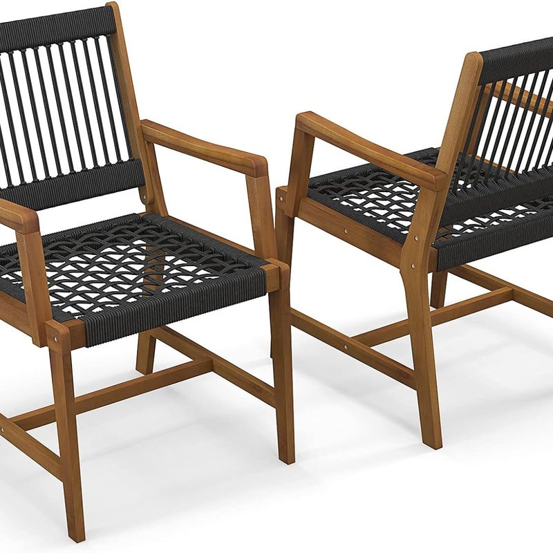 Zestaw 2 Krzeseł Ogrodowych z Drewna Akacjowego – 64 x 57 x 90 cm, Nośność 160 kg – Plecione z Liny, do Tarasu/Ogrodu/Podwórka, Kolor Brązowy