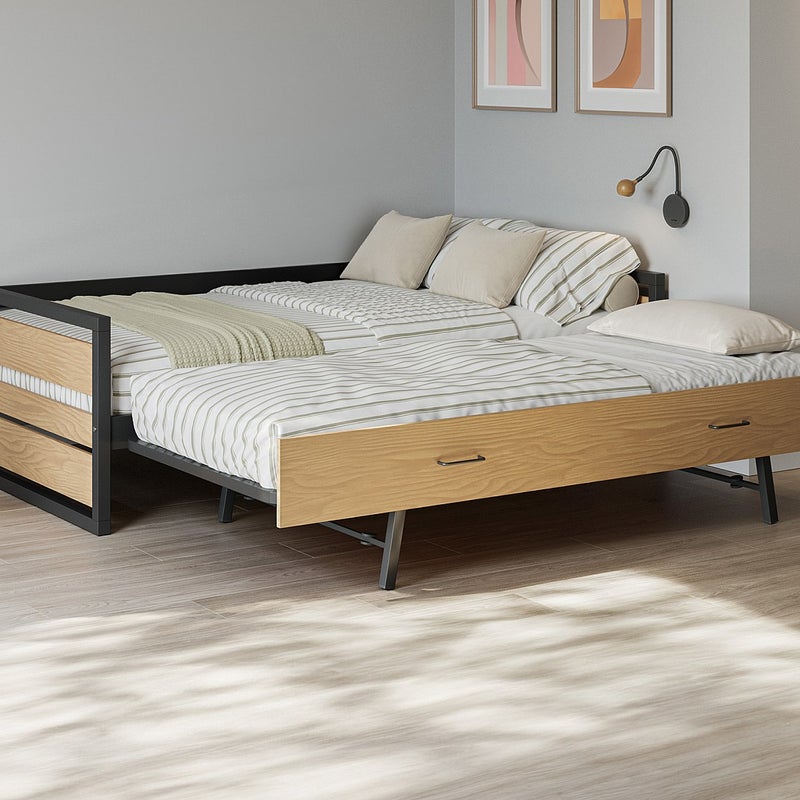 Łóżko wysuwane 120 x 200 i 90 x 200 cm - MDF, drewno sosnowe i metal - Naturalny i antracytowy - BOSTON