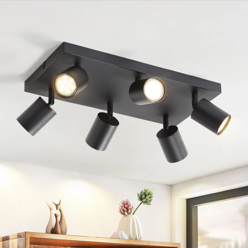 NETTLIFE Lampa sufitowa 6 czarnych reflektorów GU10, regulowanych 330°, nowoczesna lampa ścienna industrialna do salonu, sypialni, kuchni, bez żarówki