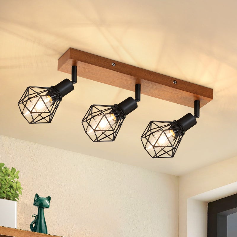 NETTLIFE 3 czarne drewniane Reflektoroway sufitowe E14 Retro Metal Regulowane 350° Wewnątrz MAX. 25W do salonu, sypialni bez żarówki