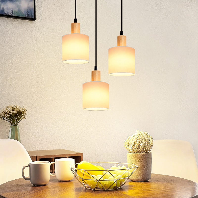 NETTLIFE Biała lampa wisząca z drewna, średnica 20 cm, E14 Vintage, 3 okrągłe żarówki do jadalni, restauracji, kuchni, sypialni, biura