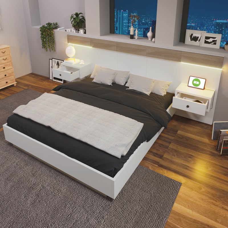 Łóżko małżeńskie drewniane 180 x 200 cm z 2 szufladami - 2 stoliki nocne LED i gniazdo USB C - kolor dąb i biel