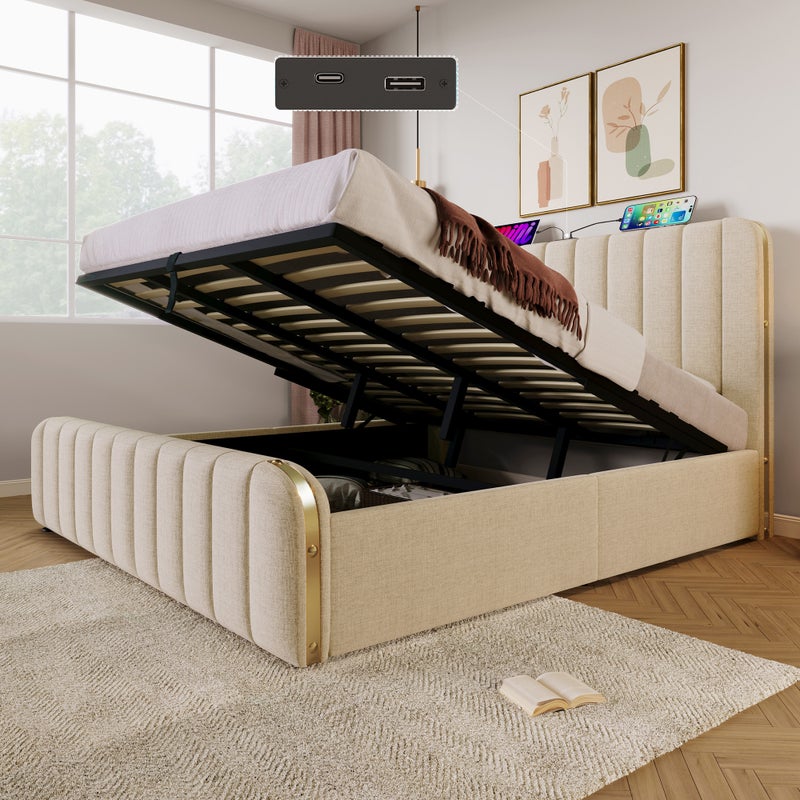 Łóżko z pojemnikiem 180 x 200 cm z zagłówkiem - Gniazda USB i Type-C - Tkanina lniana - Paski ozdobne - Beżowe (bez materaca)