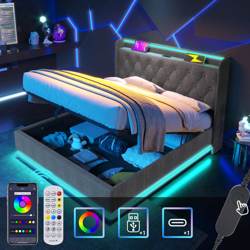 Łóżko z pojemnikiem 180 x 200 cm i zagłówkiem - Gniazda USB i LED - Tkanina lniana - Wzór guzików - Szare (bez materaca)