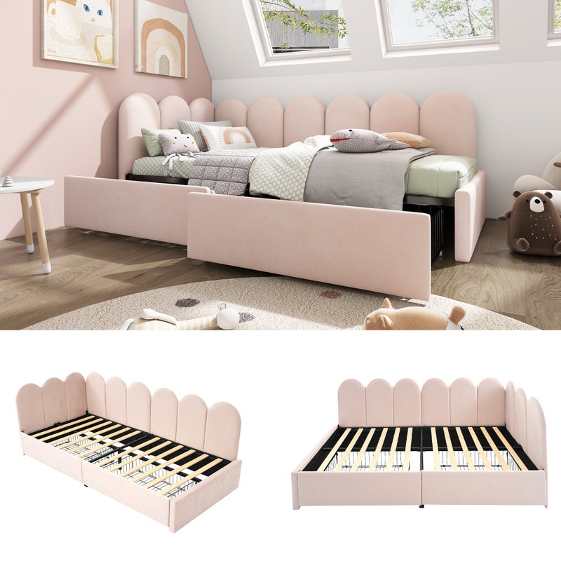 Łóżko tapicerowane 90 x 190 cm z 2 szufladami i zagłówkiem - Aksamit - Sofa rozkładana - Różowa (bez materaca)