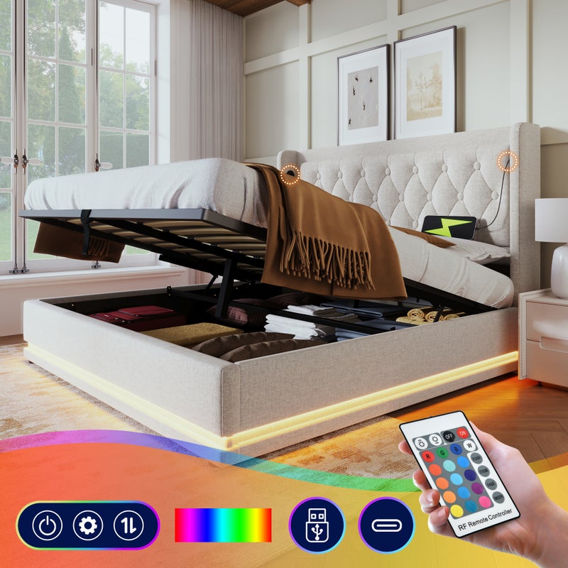Łóżko z pojemnikiem 180 x 200 cm z zagłówkiem - gniazda USB i typu C - diody LED - tkanina bawełniana - beżowe (bez materaca)
